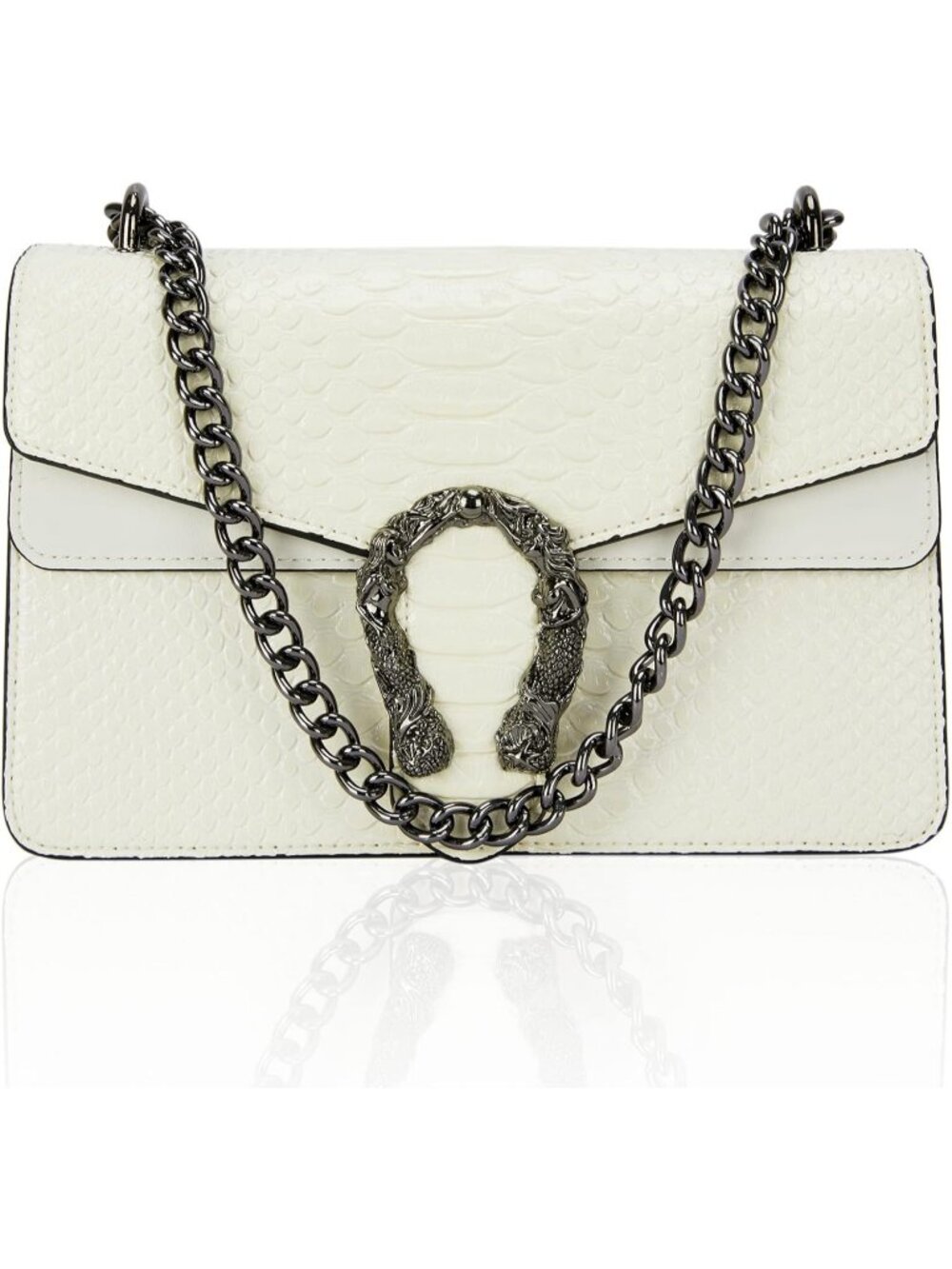 Women's Rich White Leather Cross Body And Satchel Classic Snake Print Chain Bag